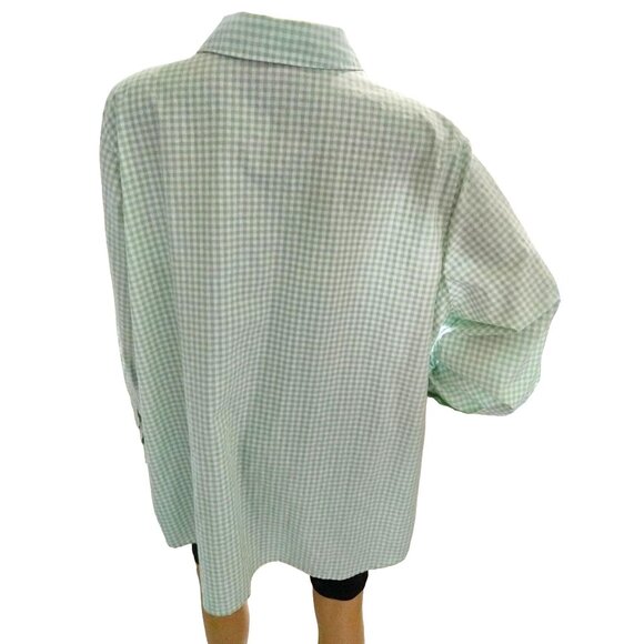 Woman Within Plus Size 1X Light Green White Gingham Button-Up Long Sleeve Shirt - Picture 8 of 10
